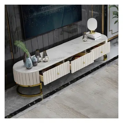 Epaule Modern Oval 1800mm TV Stand Faux Marble Top Media Stand with 3 Drawers in White