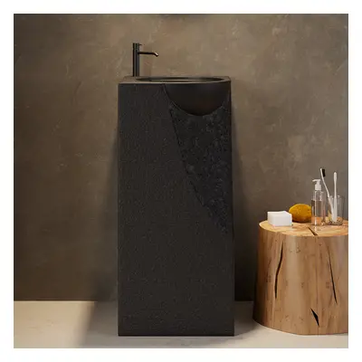 870mm Japandi Tall Stone Resin Pedestal Basin with Rounded Basin Freestanding in Black