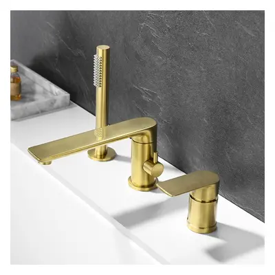 Brushed Gold Deck-Mount 3-Hole Bath Filler Tap with Handshower Solid Brass