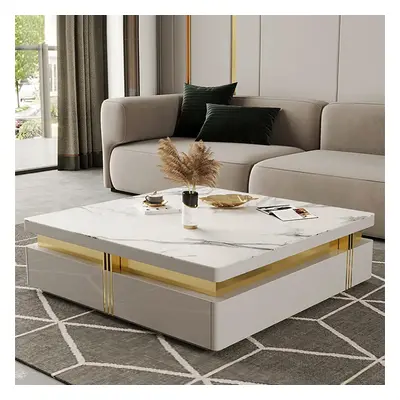 Trimied 1100mm Modern White Square Storage Coffee Table Stone Top with 4 Wood Drawers