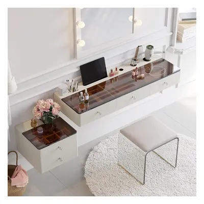 Modern Floating Makeup Vanity with Tempered Glass Top & Drawers Wall Mounted Beauty Station