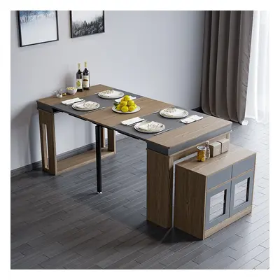 70.9" Rectangle Extendable Dining Table with Storage Sideboard for 4 Farmhouse Walnut & Gray Fol