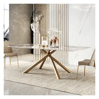 1600mm Modern Stone Top Rectangle Dining Table in Pandora & Gold with Trestle