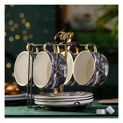 13Pcs Ceramic Cups and Saucers Set with Metal Holder Geometric Gold Trim & Marbling