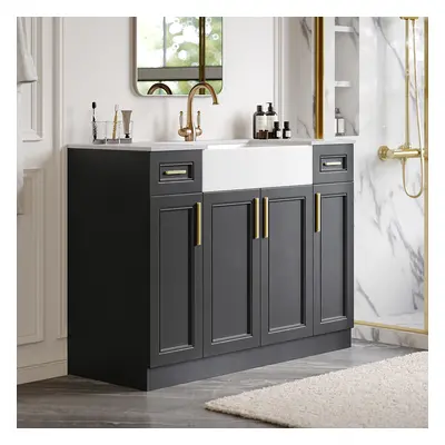 1200mm Black Freestanding Single Farmhouse Sink Bathroom Vanity with Stone Top