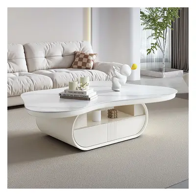 Cloud Coffee Table Wood Irregular Sintered Stone Top in White with Drawer Storage