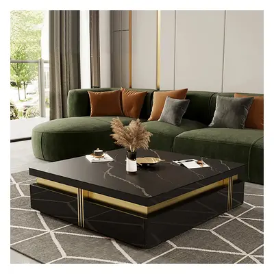 Trimied 1100mm Modern Black Square Storage Coffee Table Stone Top & 4 Wood Drawers