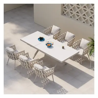 7 Pieces Aluminum Outdoor Dining Set with Extendable Marble Top Table and Woven Armchair