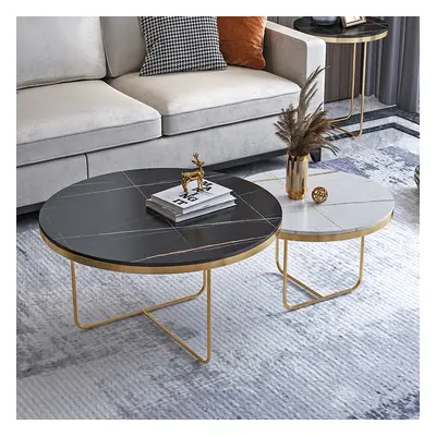 Round 2-Piece Nesting Set Sintered Stone Top Black and White Coffee Table with Metal Frame