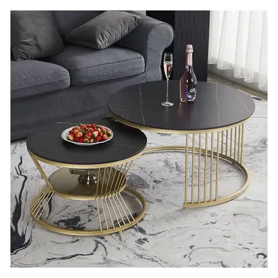 Modern Black & Gold Nesting Coffee Table Set with Sintered Stone Top 2-Piece Table