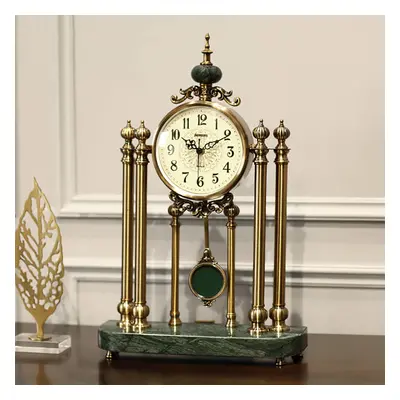 Traditional Metal Bronze Round Mantel & Table Top Clock with Pendulum Green Marble Base