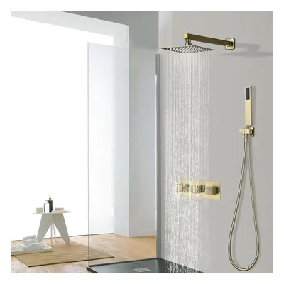 Modern Square Rain Shower Head Wall Mounted Solid Brass Shower Mixer in Brushed Gold