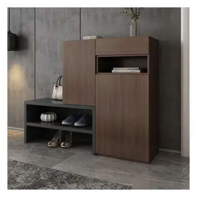 Fero Walnut Corner Shoe Storage Cabinet with 7 Shelves & 1 Drawer Entryway Shoe Storage