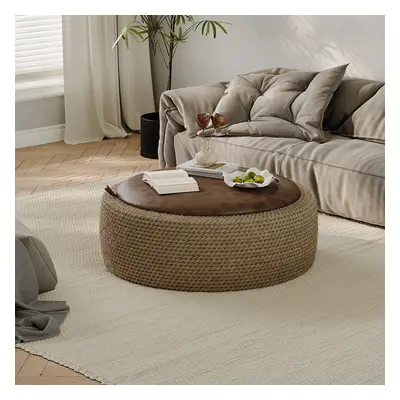 Coastal Round Woven Rope Drum Coffee Table in Brown with Storage