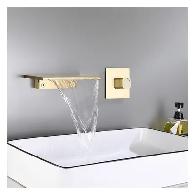 Waterfall Wall Mount Bathroom Basin Tap Single Knob Solid Brass Brushed Gold