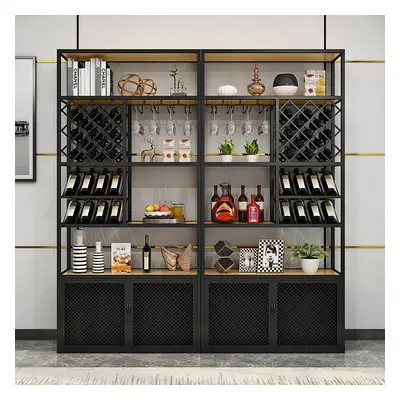 Industrial Tall Metal & Wood Wine Rack Floor Home Bar Cabinet with Glass Rack & Bottle Holder in