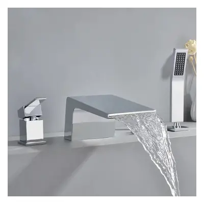 Waterfall Deck-Mount 4-Hole Bath Tap with Handshower in Chrome