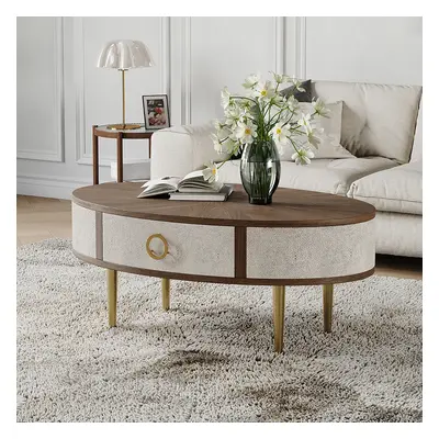 Mid Century Modern Shagreen Oval Coffee Table in Walnut & Grey & Gold with Storage