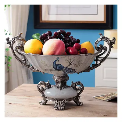 Grey & Blue Resin Fruit Basket Bowl Decor Snack Tray Storage with Handle