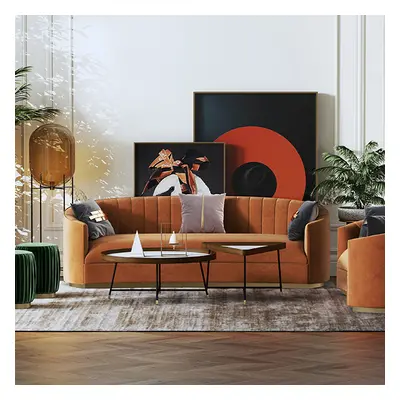 1800mm Modern Velvet Couch Curved Sofa in Orange with Stainless Steel Base