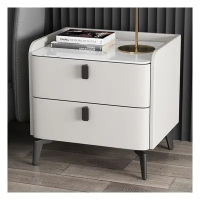 Faux Leather Nightstand with 2 Drawers White Bedside Table with Stone Top