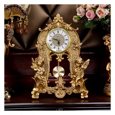 Traditional Vintage Gold Resin Angel Table Clock With Exquisitely Carved Pendulum Clock