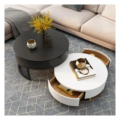 Nesnesis Modern Round Lift-top Nesting Wood Coffee Table with Drawers White & Black