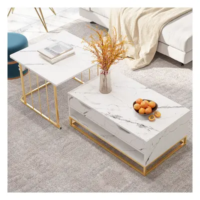 Rectangle 2-Piece Nesting Set White Coffee Table with Metal Base and Storage