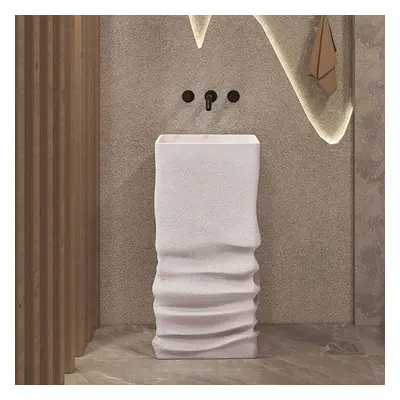 850mm Tall Japandi Stone Resin Pedestal Bathroom Basin Freestanding Basin in Beige