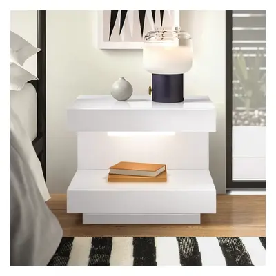 Glossy White Nightstand with 1 Drawer C-shaped Side Table with Light