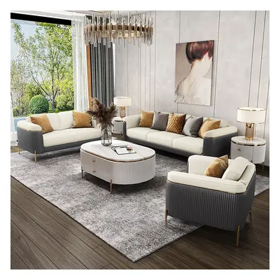 Vertex Gray & Beige Modern Living Room Set Leather Upholstered Sofa Set Pillow Included