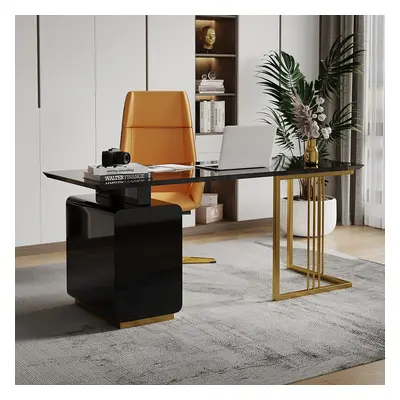 1600mm Modern Black Office Desk with Drawers & Side Cabinet in Gold Base