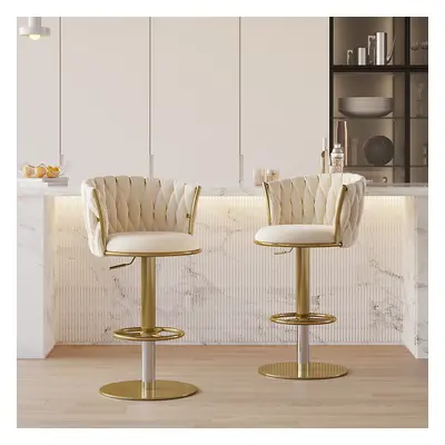 Sweave Off White Swivel Bar Stools Velvet Curved Back Adjustable Height Set of 2