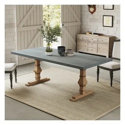 71" Rustic Rectangle Concrete Gray Dining Table for 8-Person Solid Wood Pedestal Base