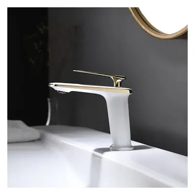 White and Gold Monobloc Single Lever Handle Solid Brass Bathroom Basin Mixer Tap