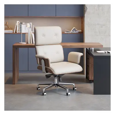 Modern Off White Home Office Chair Upholstered Swivel Task Office Chair High Back