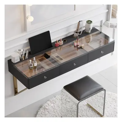 Modern Floating Black Makeup Vanity with Tempered Glass Top & Drawers Wall Mounted Beauty Statio