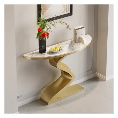 Curved Console Table with Sintered Stone Top Half Moon Shape Entryway Furniture in White & Gold 