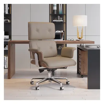 Modern Khaki Home Office Chair Upholstered Swivel Wooden Desk Chair Task Adjustable Height