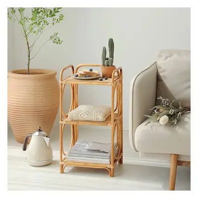 Pine Wood Side Table in Natural with 3-Tier Storage Rattan Woven End Table