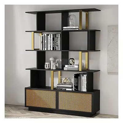 5-Tier Black Wood Bookshelf with 2 Doors Modern Bookcase in Gold Finish