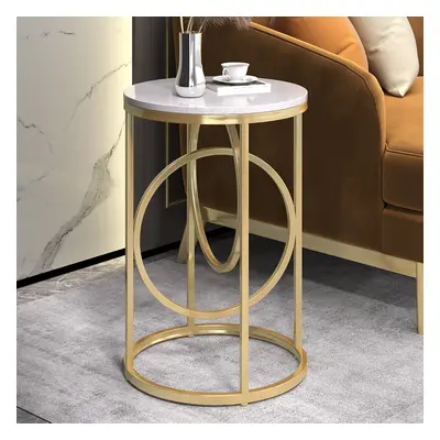 Round Marble Top End Table Modern White Side Table with Metal Frame in Gold