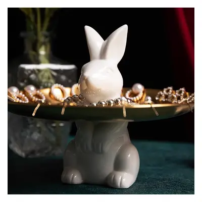 White & Gold Ceramic Rabbit Decorative Storage Tray Holder Desk Animal Statue Ornament