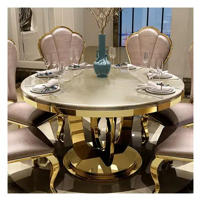 1200mm Modern Round Faux Marble Top Dining Table with Stainless Steel Base in Beige