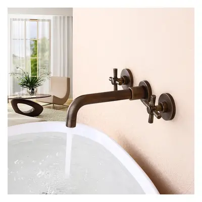 Melro Classic Wall Mounted Double Cross Handle Bathroom Basin Mixer Tap in Antique Brass