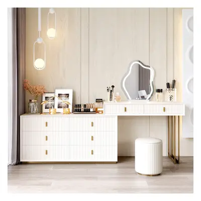 Modern White Makeup Vanity Set with 6-Drawer Cabinet Dressing Table with Stool & Mirror