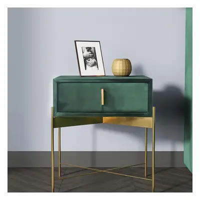 Green Bedroom Bedside Table with Drawer Velvet Upholstered and Stainless Steel Base