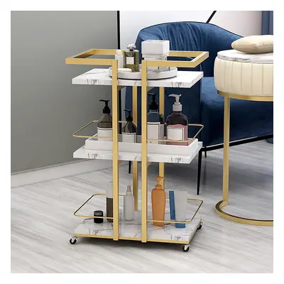 3-Tier Rectangular Rolling Bar Cart with Wheels Gold White Marble Shelves