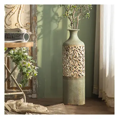 515mm French Country Large Metal Floor Vase Tall Home Geometric Decor Art Green & White