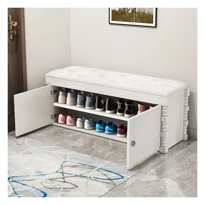 White Hallway Bench with Shoe Storage Leather Upholstered